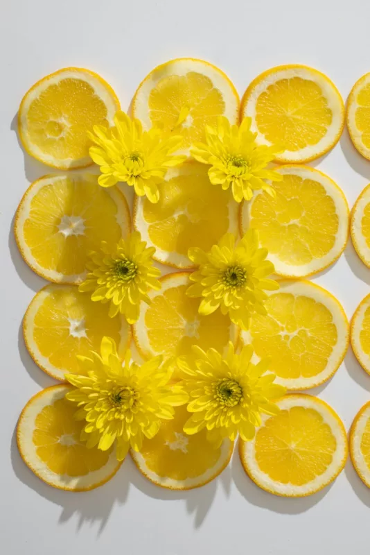 composition of orange slices and flowers